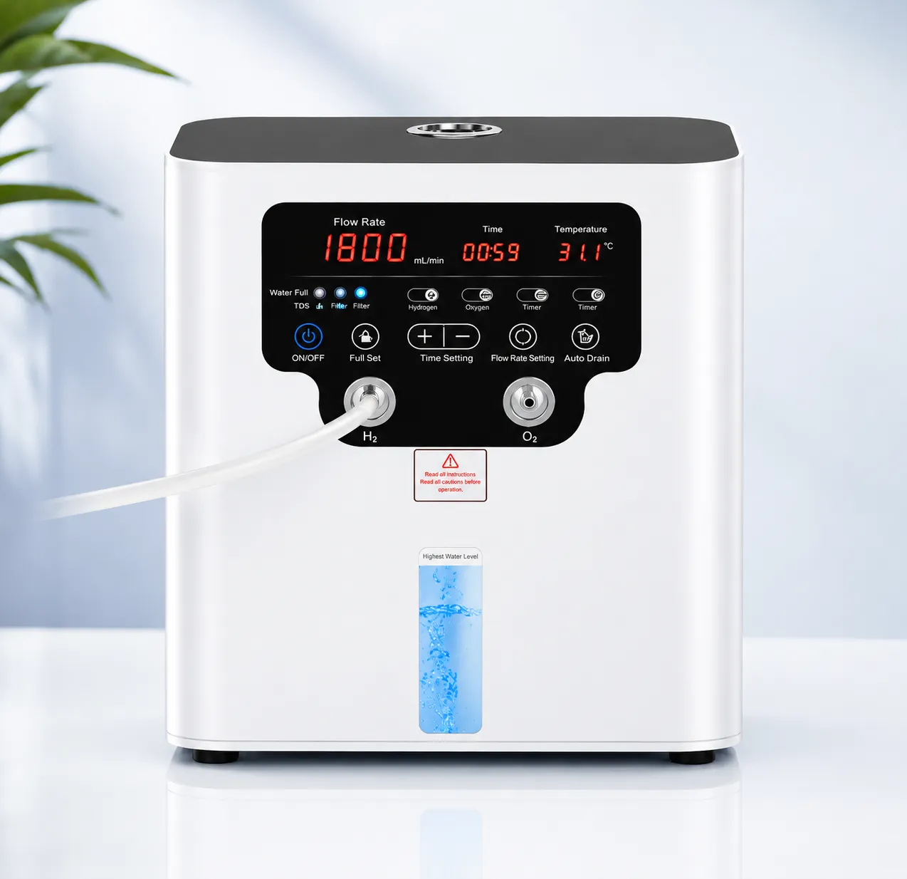 Bench-top hydrogen generator with flow rate display and nasal cannula attached